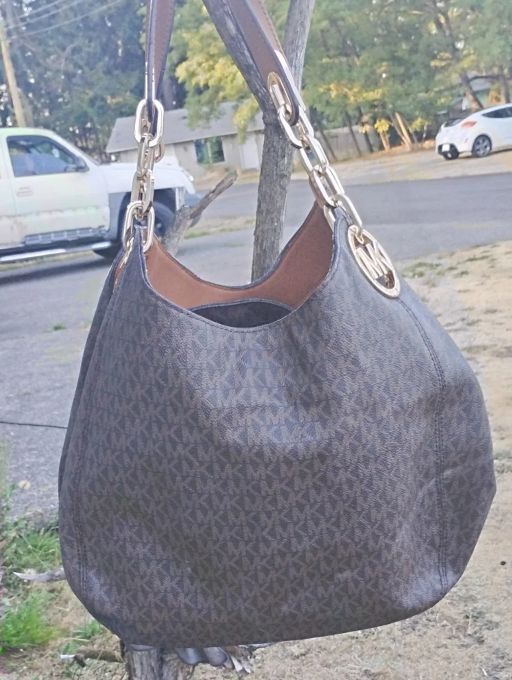 Michael Kors Brown Logo-Print Hobo with Gold Hardware